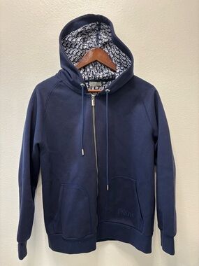 Dior Men's Dark Blue Zip-Up Hoodie with Monogram Lined Hood